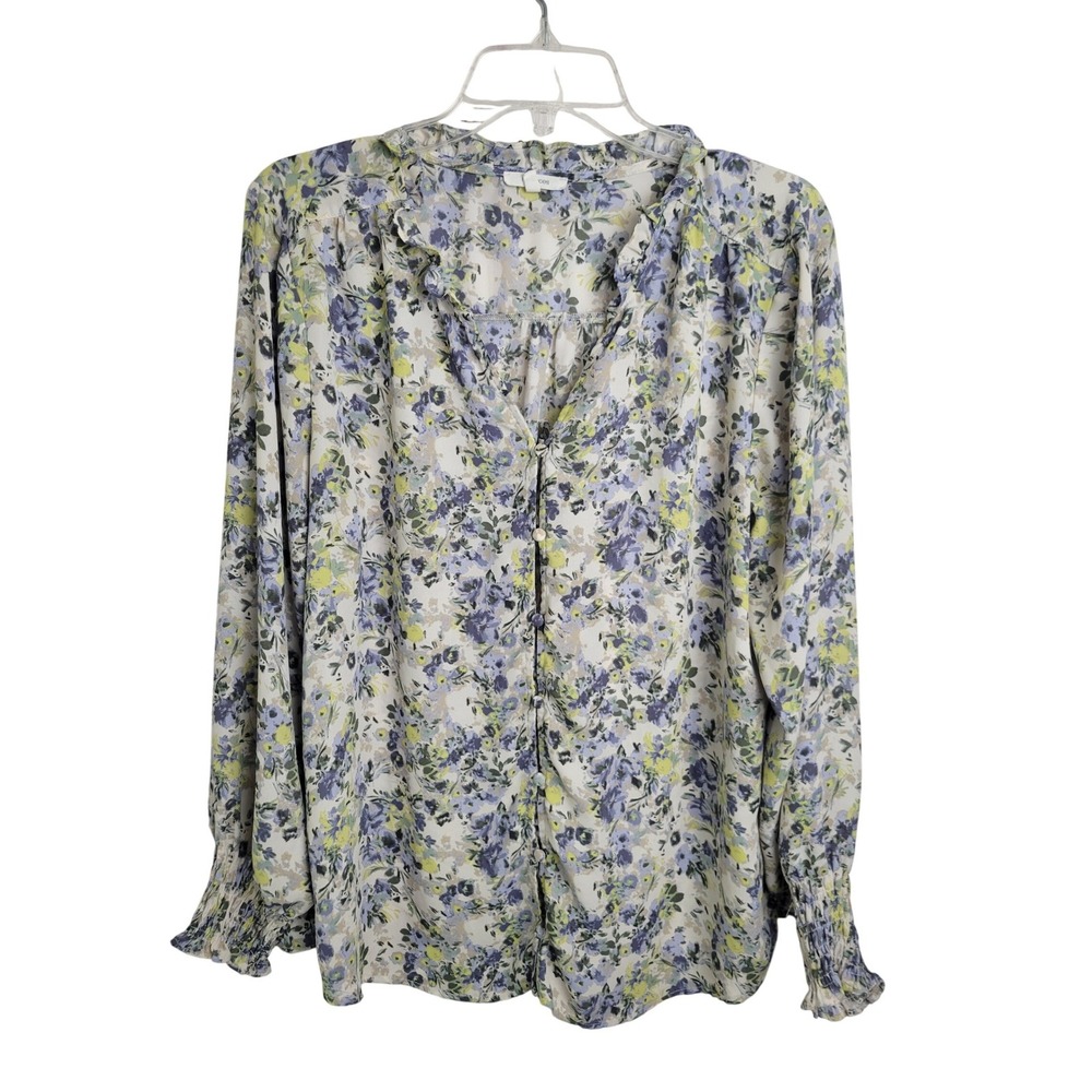 Maurices Blouse XL Multicolor Floral Ruffle V-Neck Smocked Cuff Button Front Top
